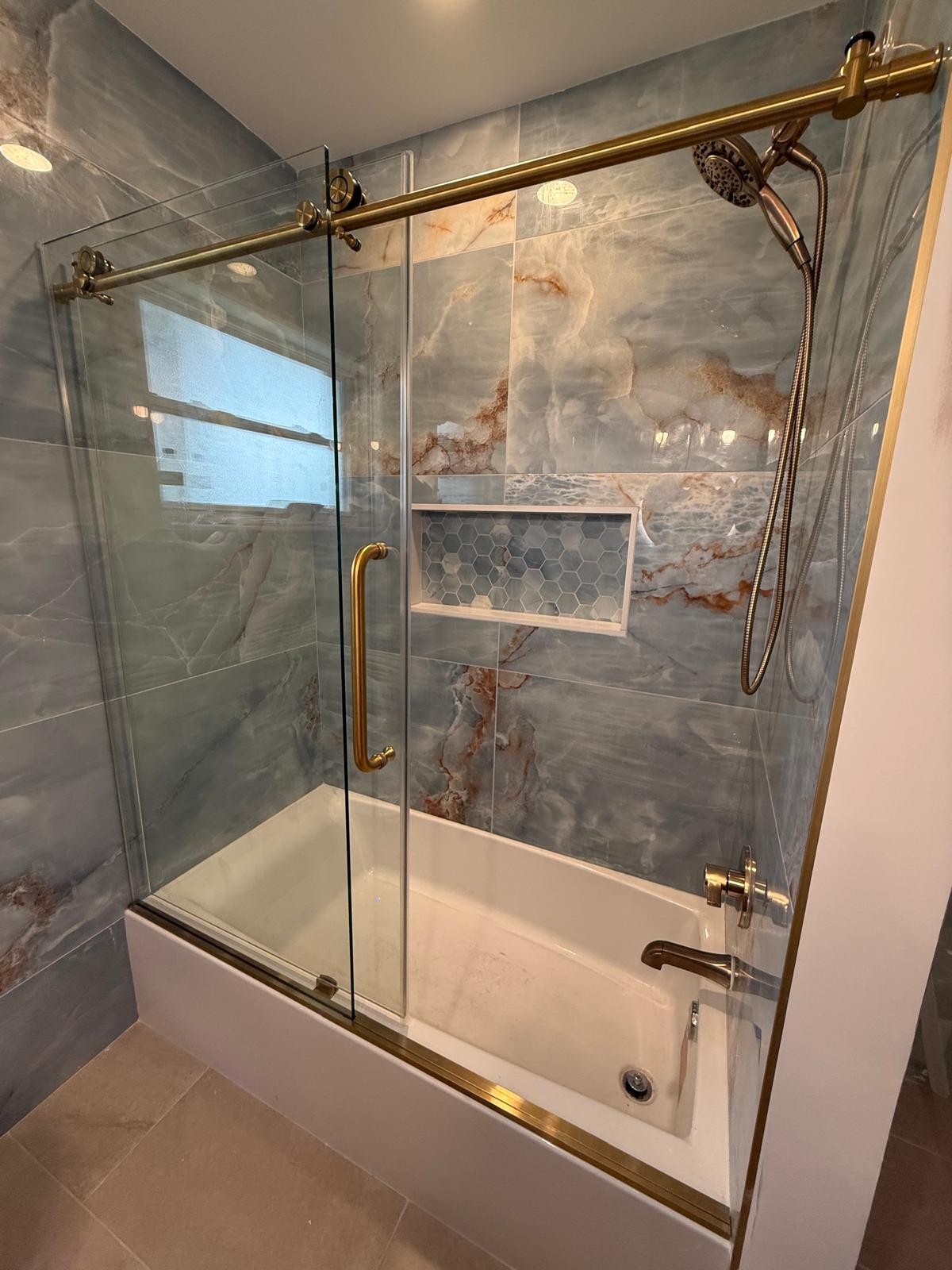 Blue Onyx Porcelain Slab Shower and Tub