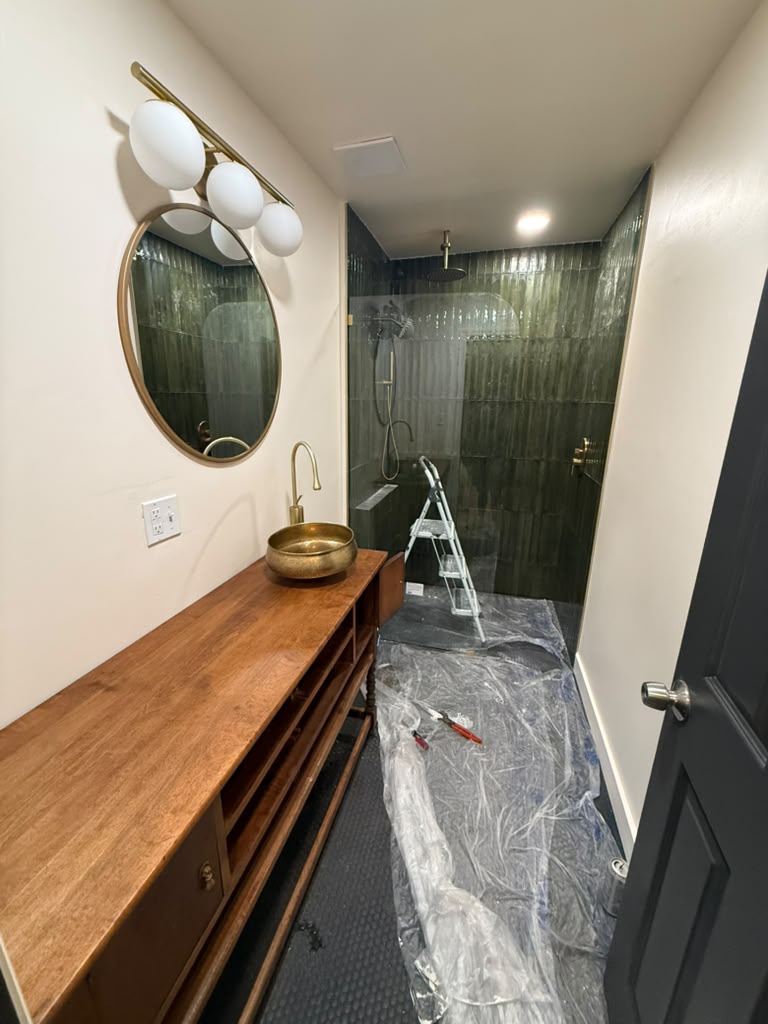 Emerald Zellige Tile Shower and Brass Vessel Vanity